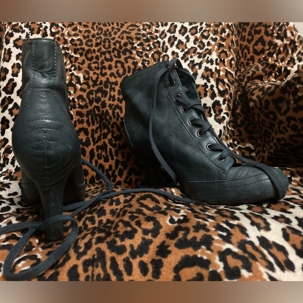 Blue leather lace up high heel booties by ASH 39